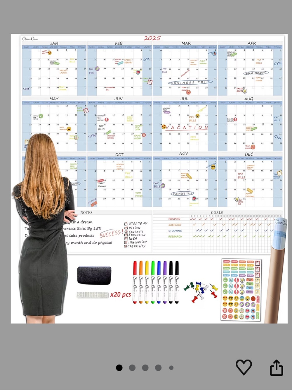 Clever Clean large dry erase wall calendar 48'' x 58” with accessories!